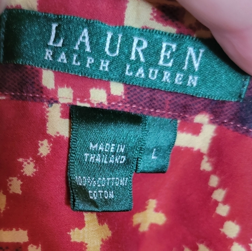 Vintage Lauren Ralph Lauren Cotton Red Gold Medallion Ikat Tunic Blouse - Picture 7 of 9